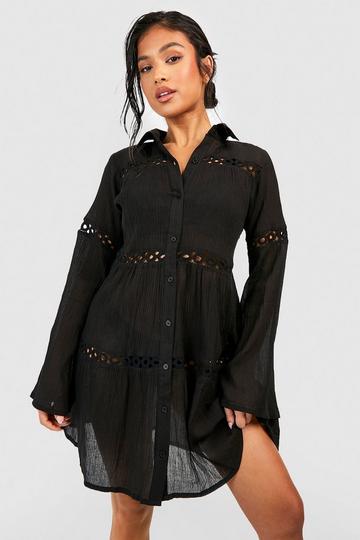 Petite Cheesecloth Trim Beach Shirt Dress black