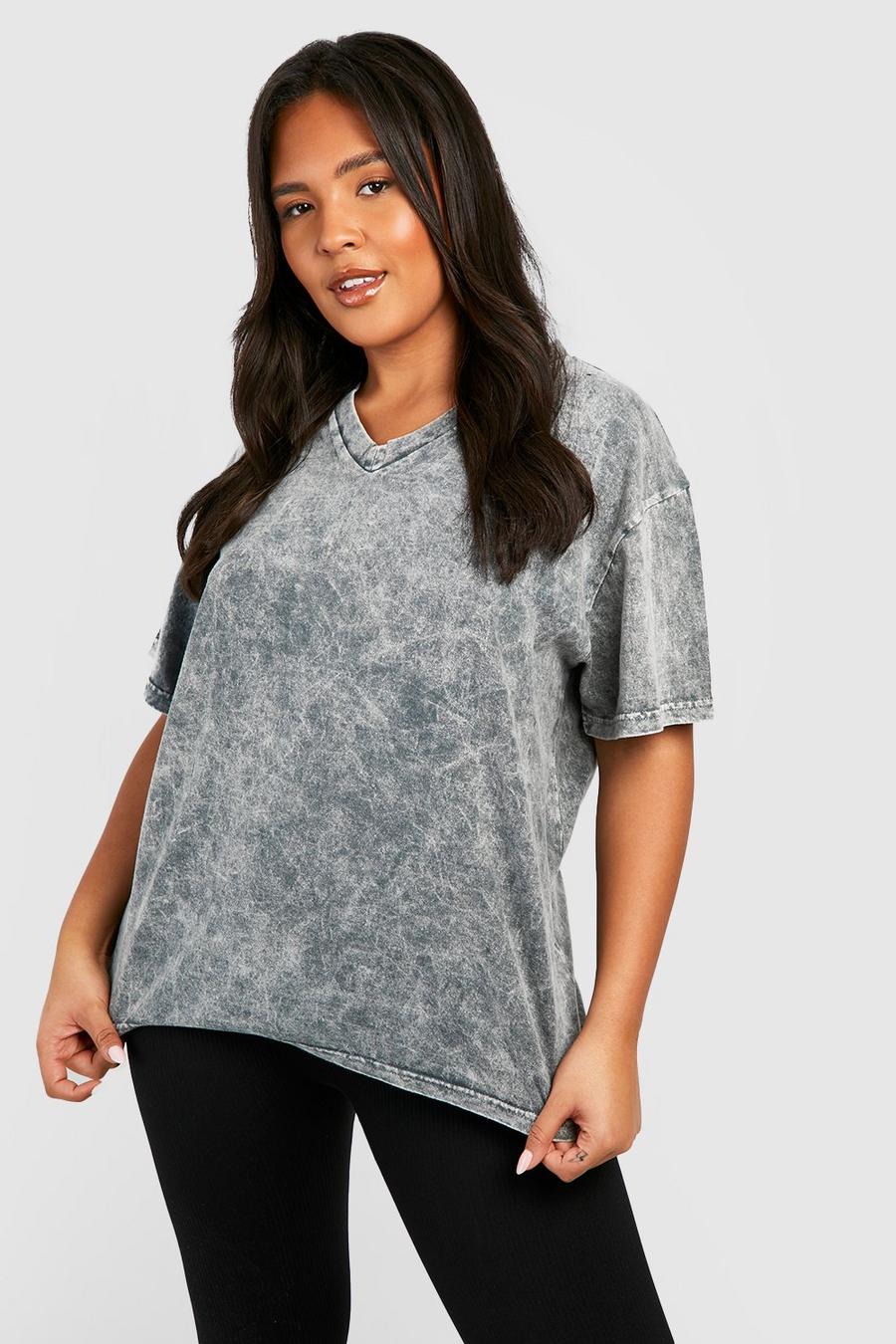 Charcoal gris Plus Acid Wash Deep V Basic Cotton T-shirt   
