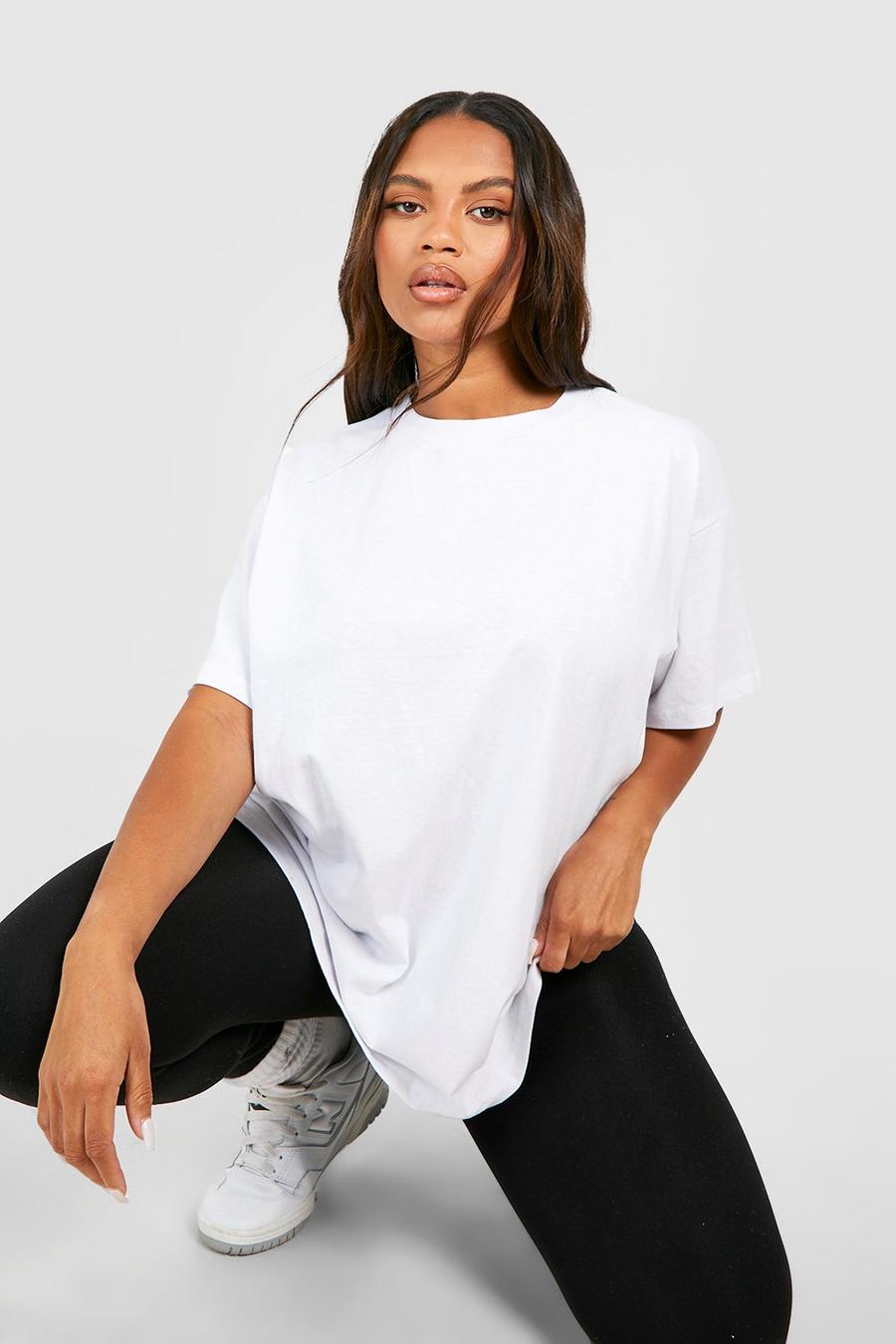 Plus Oversize Basic Rundhals T-Shirt aus Baumwolle, White image number 1