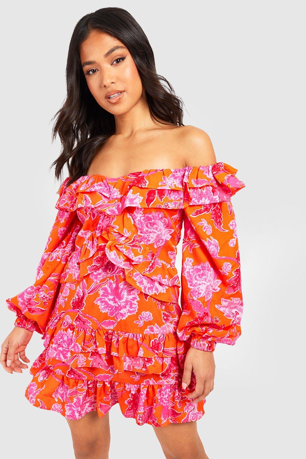 Boohoo floral off on sale the shoulder dress