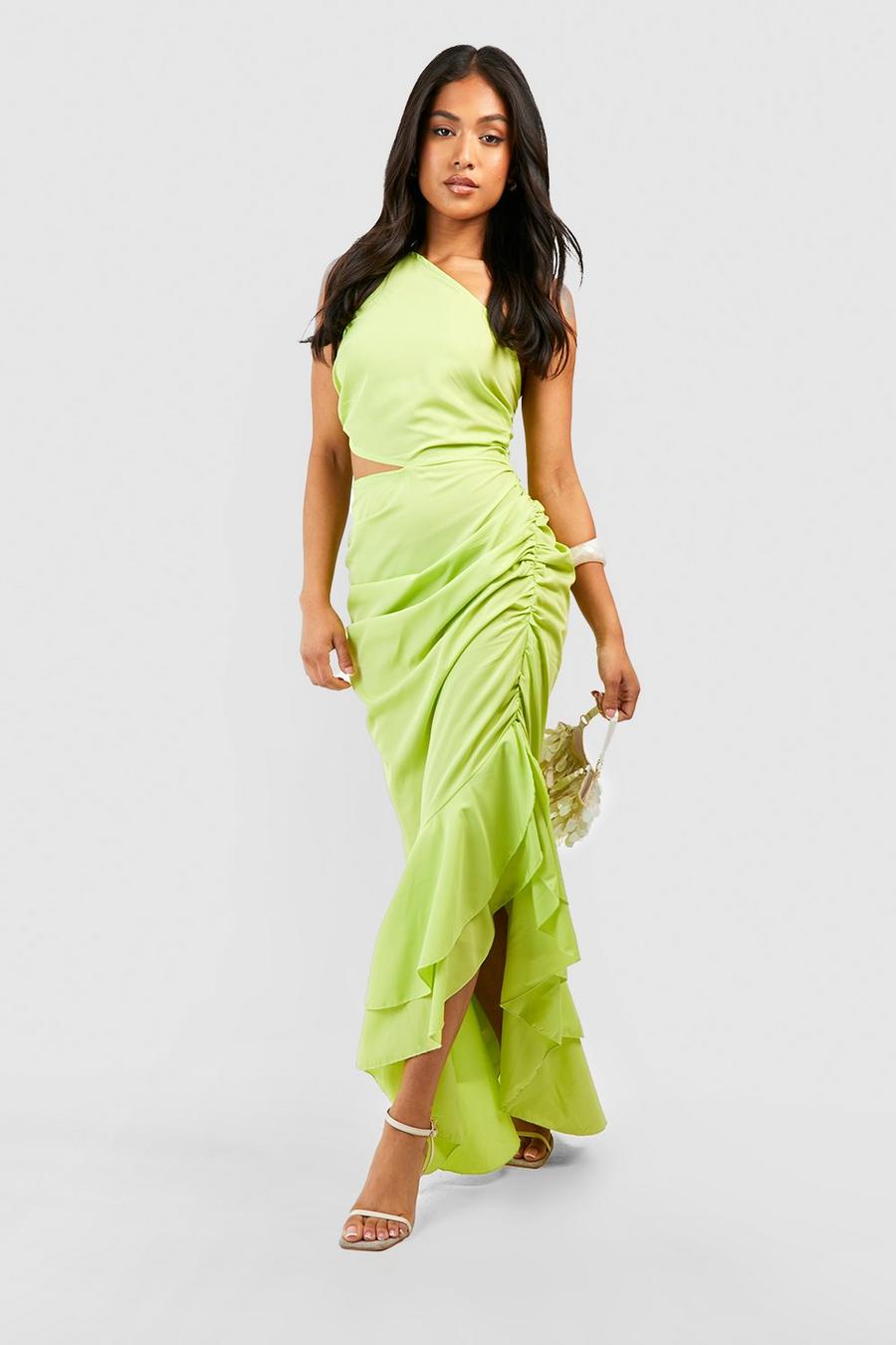 Lime Petite One Shoulder Cut Out Ruffle Maxi Dress image number 1