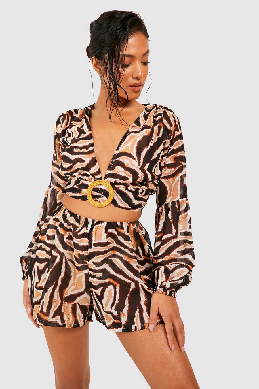 Brown Petite Tiger Print Buckle Top & Short Co-ord image number 1