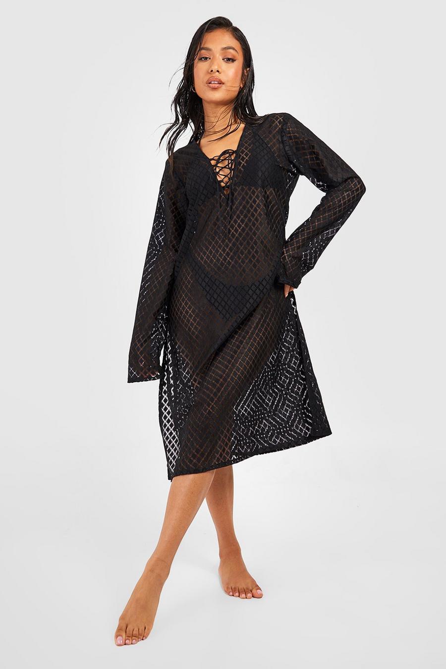 Black Petite Lace Up Crochet Beach Midi Dress