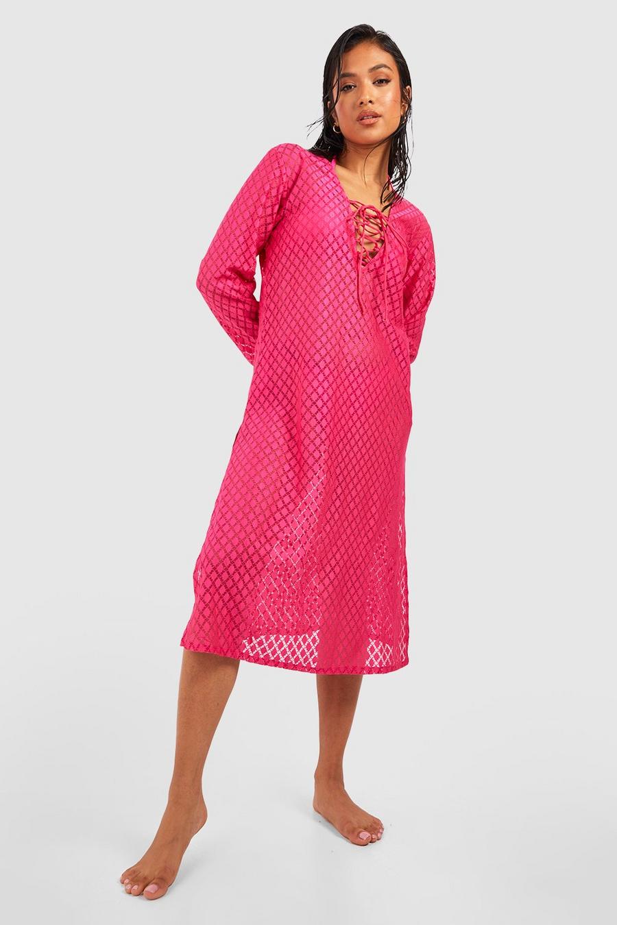 Vestido Petite midi para la playa de croché con tiras cruzadas, Hot pink image number 1