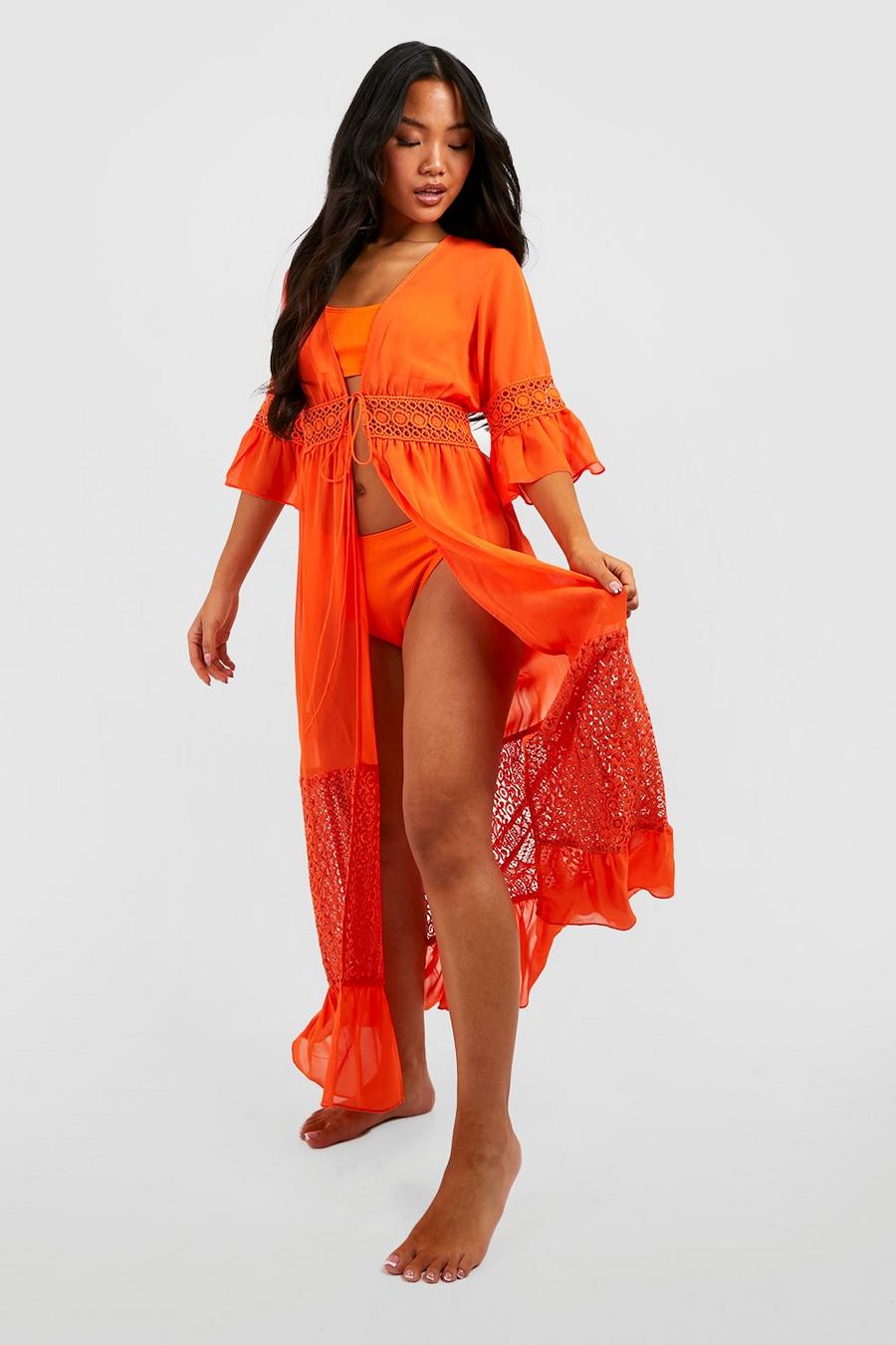 Orange Petite Chiffon Lace Trim Frill Tie Waist Beach Kimono image number 1