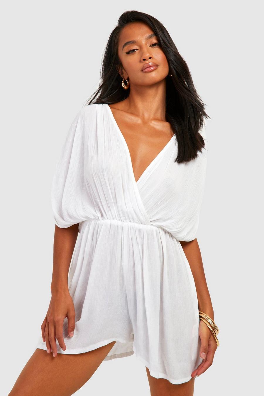 White Petite Cheesecloth Beach Playsuit image number 1