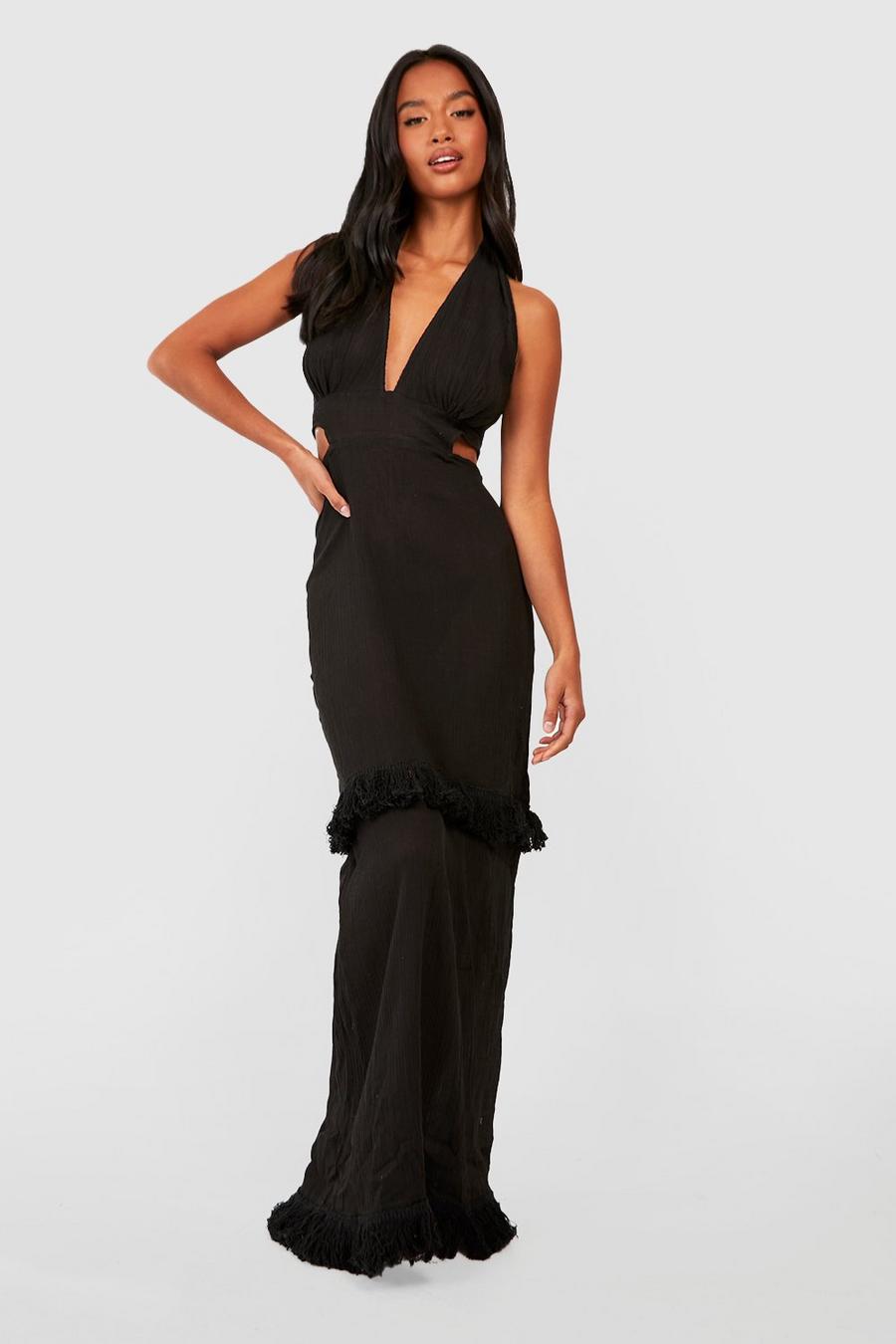 Black Petite Cheesecloth Plunge Cutout Tassel Maxi Beach Dress image number 1