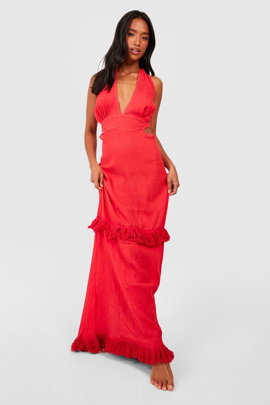 Red Petite Cheesecloth Plunge Cutout Tassel Maxi Beach Dress image number 1