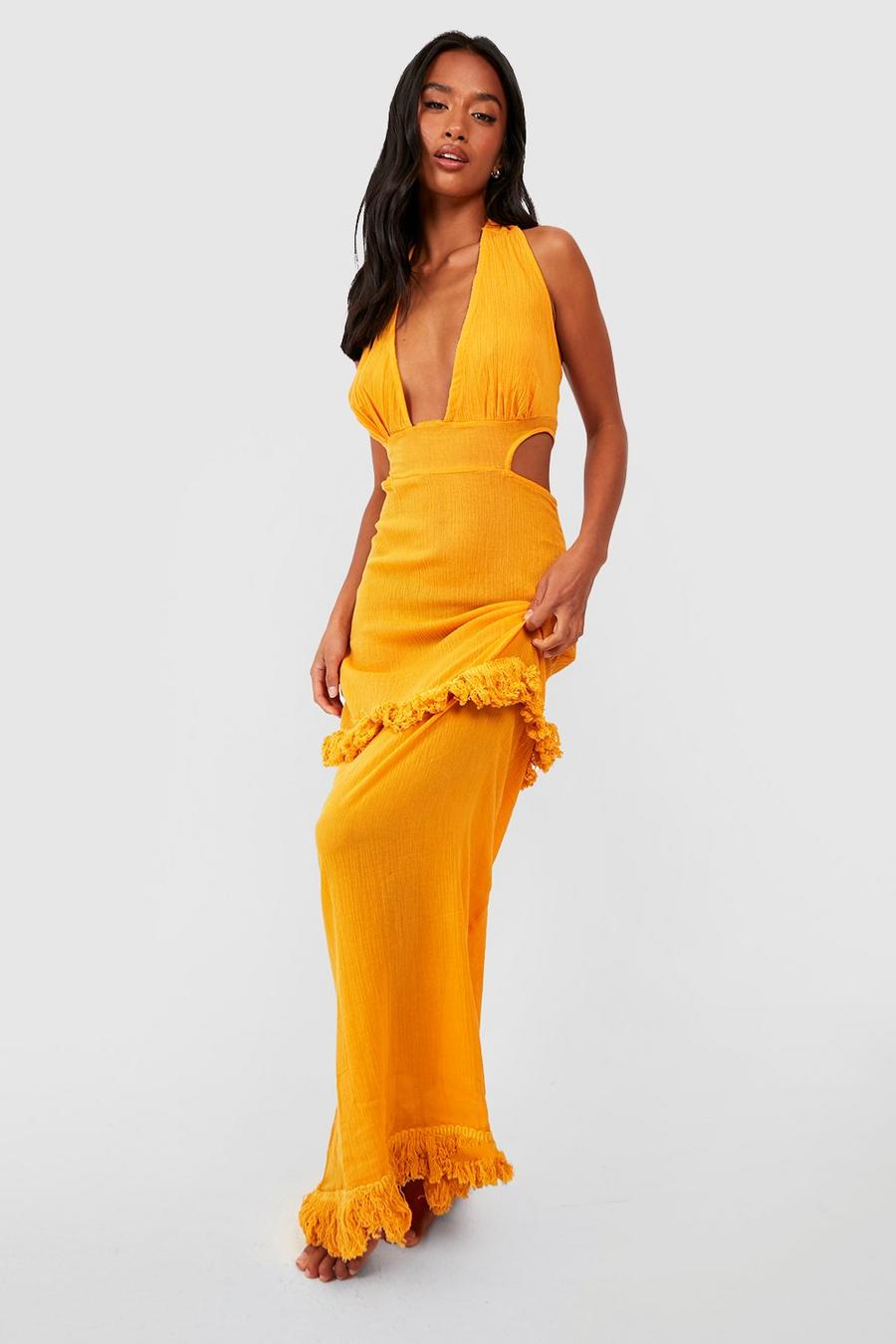 Yellow Petite Cheesecloth Plunge Cutout Tassel Maxi Beach Dress image number 1