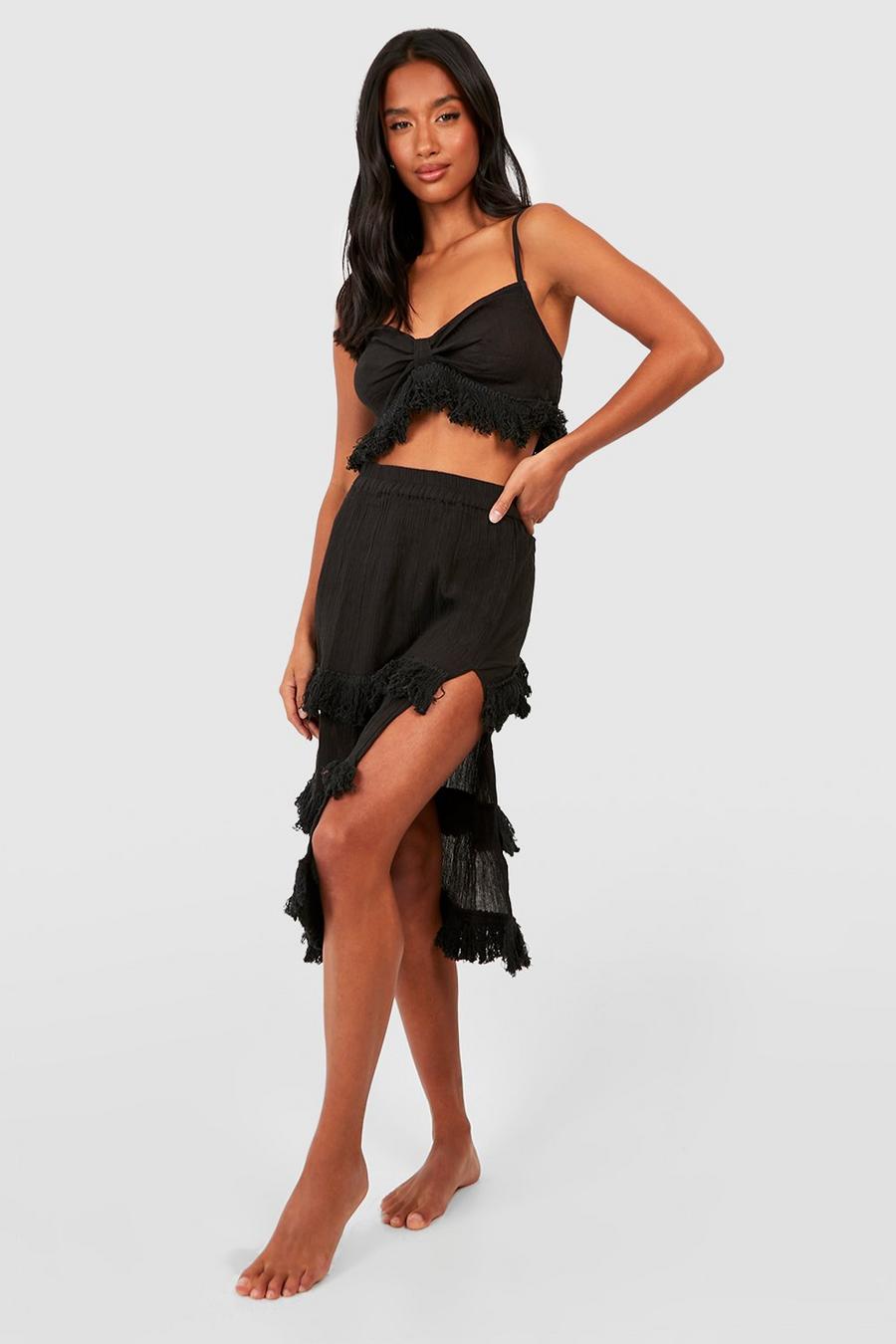 Black Petite Cheesecloth Strappy Tassel Beach Co-ord image number 1