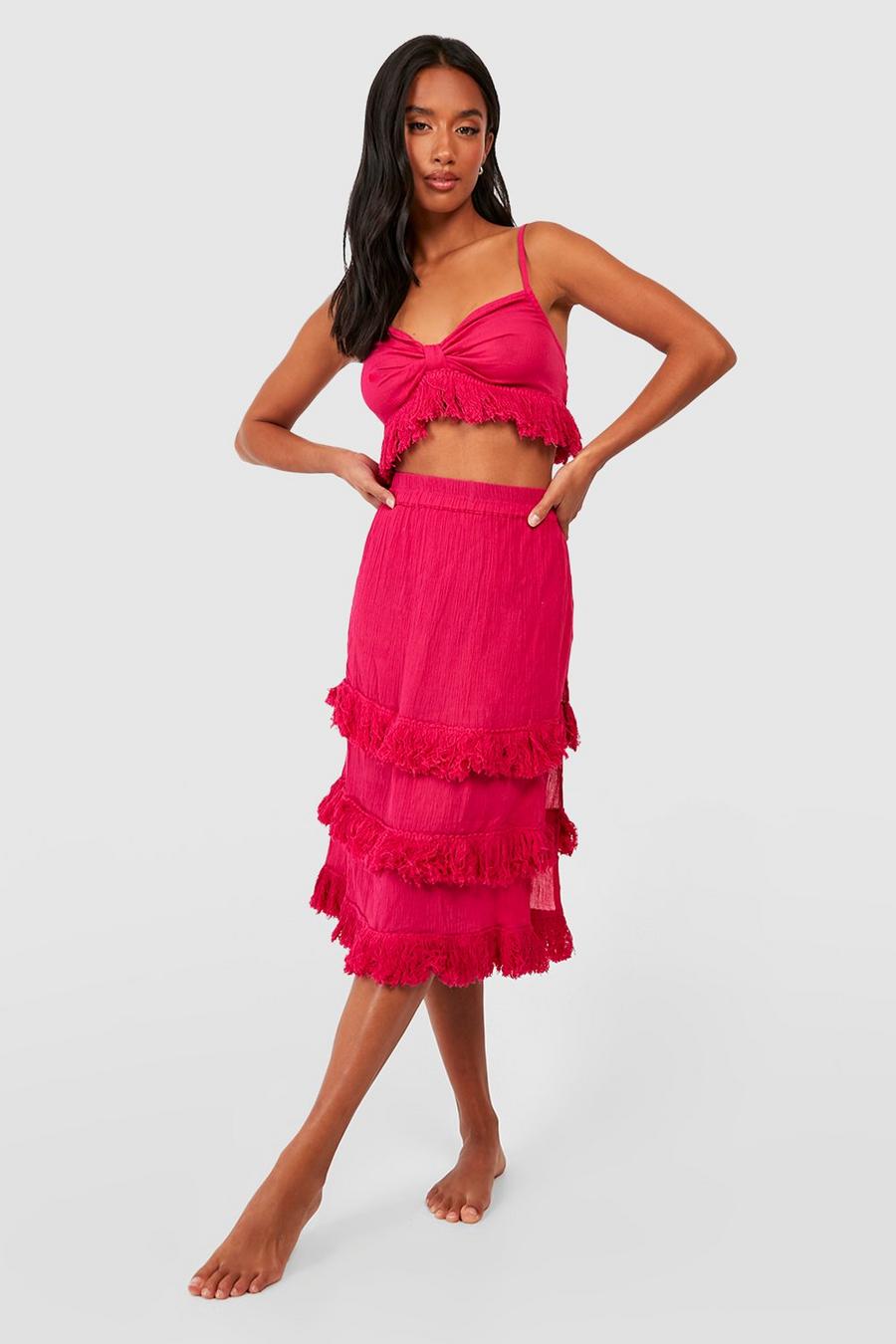 Hot pink Petite Cheesecloth Strappy Tassel Beach Co-ord image number 1