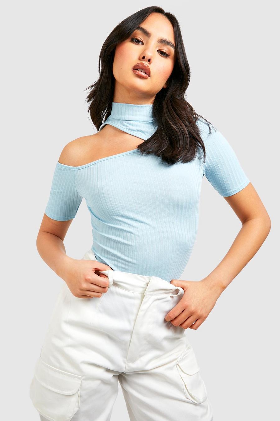 Blue Rib High Neck Cut Out Short Sleeve Top image number 1