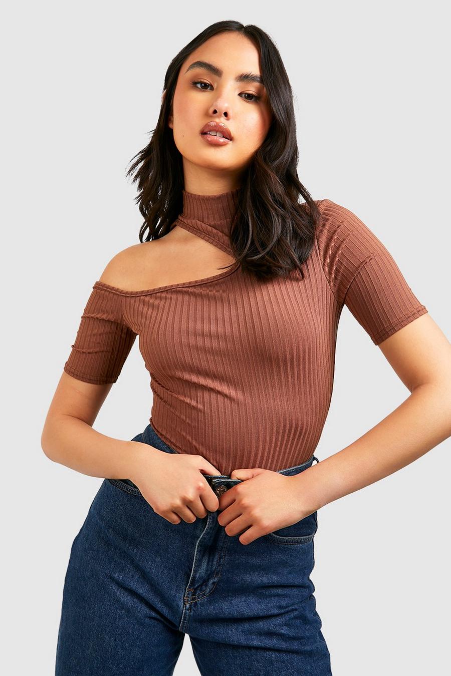Chocolate brown Rib High Neck Cut Out Short Sleeve Top