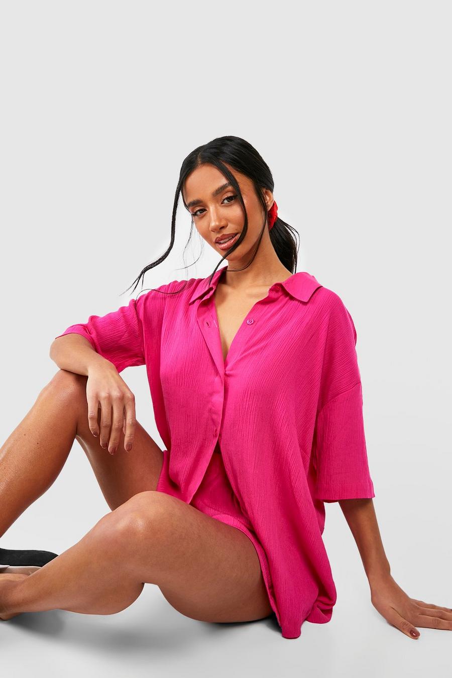 Hot pink Petite 3 Piece Crinkle Shirt And Short Two-Piece