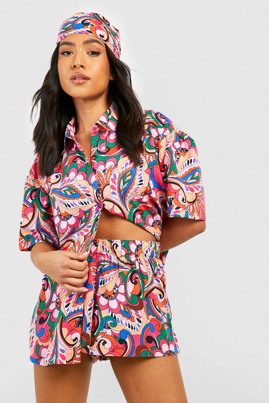 Pink Petite Printed 3 Piece Shirt And Short Co-ord image number 1