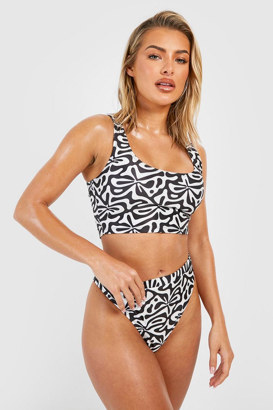 Slip bikini a vita alta con stampa di motivi geometrici, Black image number 1