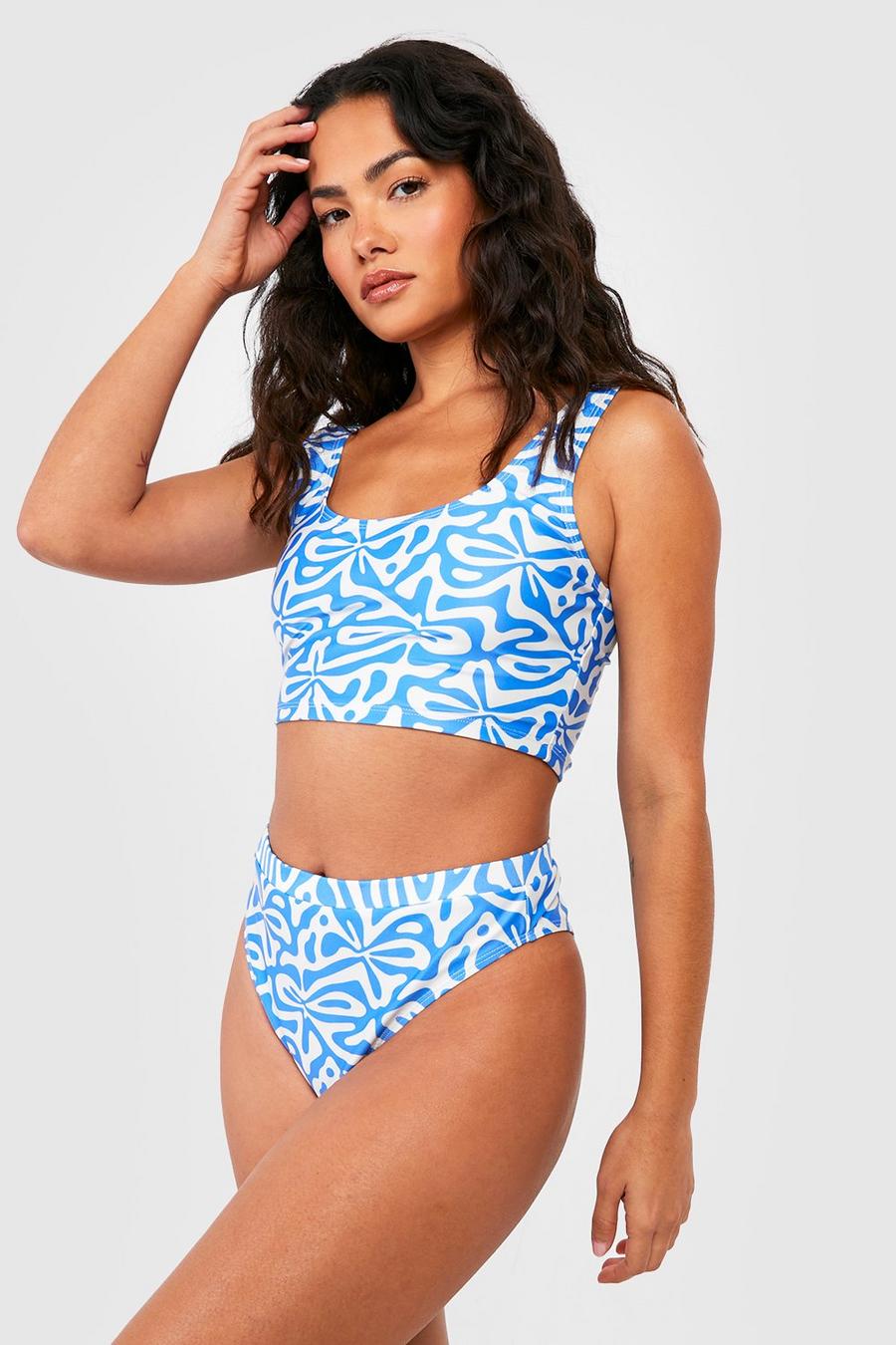 Top bikini con scollo rotondo e stampa di motivi geometrici, Blue image number 1