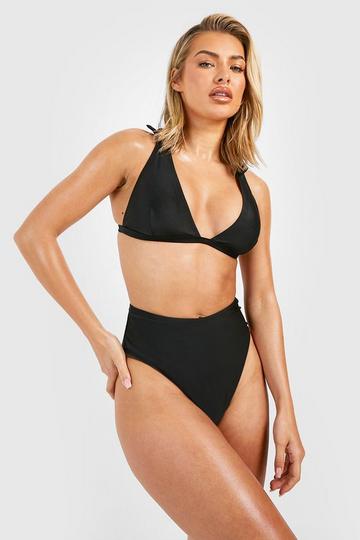 Tie Shoulder Plunge High Waist Bikini Set black