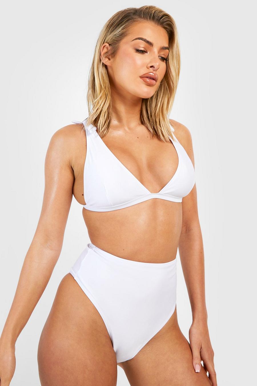 White Tie Shoulder Plunge High Waist Bikini Set image number 1