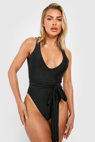 Tie Waist Belted Scoop Swimsuit black