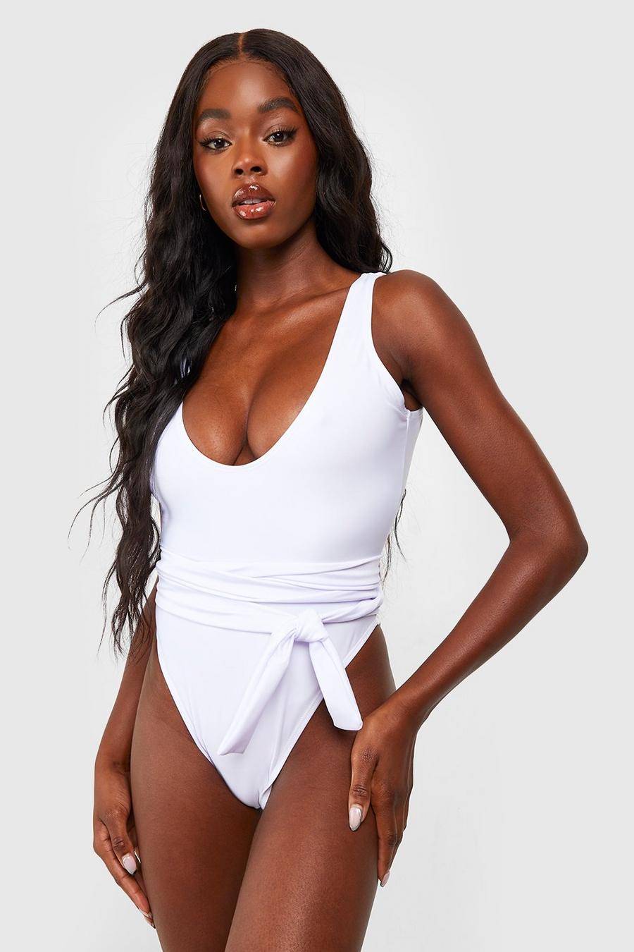 White Tie Waist Belted Scoop Swimsuit image number 1