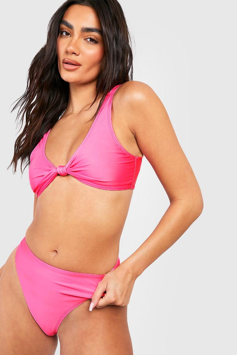 Bikini-Set mit tiefem Ausschnitt und Knoten vorne, Baby pink