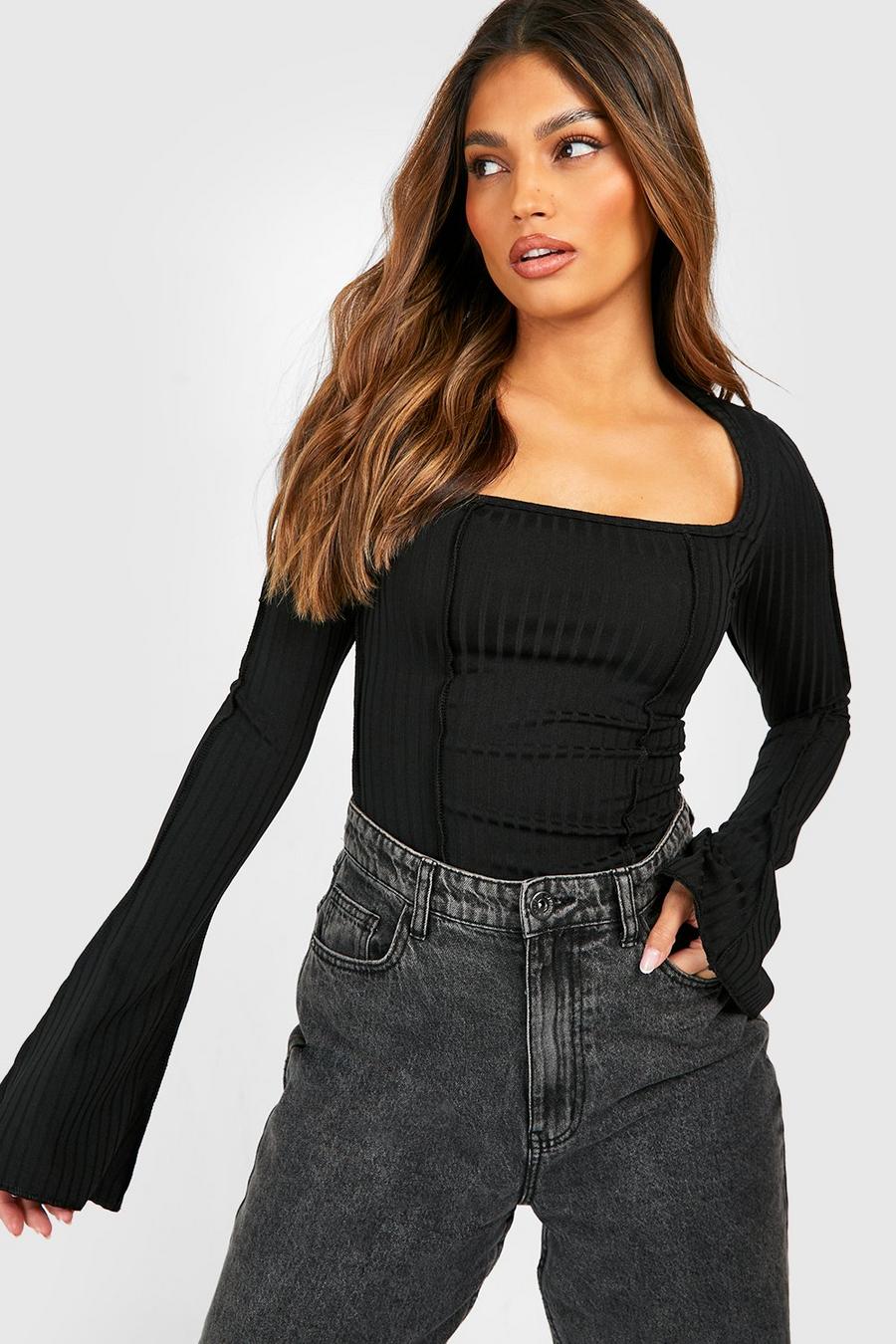 Black Ribbed Square Neck Flared Sleeve Seam Detail Top