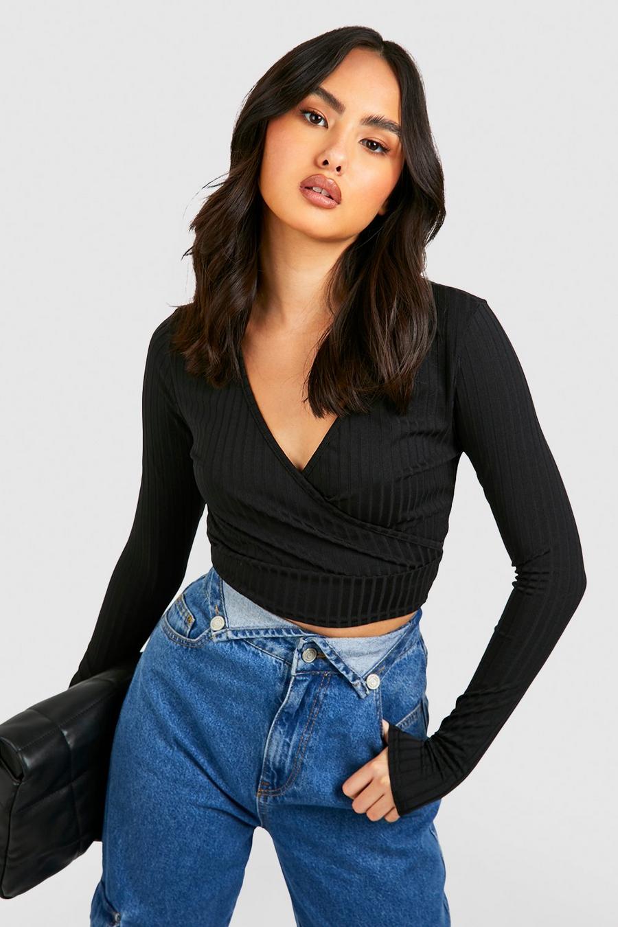 Black svart Ribbed Wrap Front Long Sleeve Cropped Top
