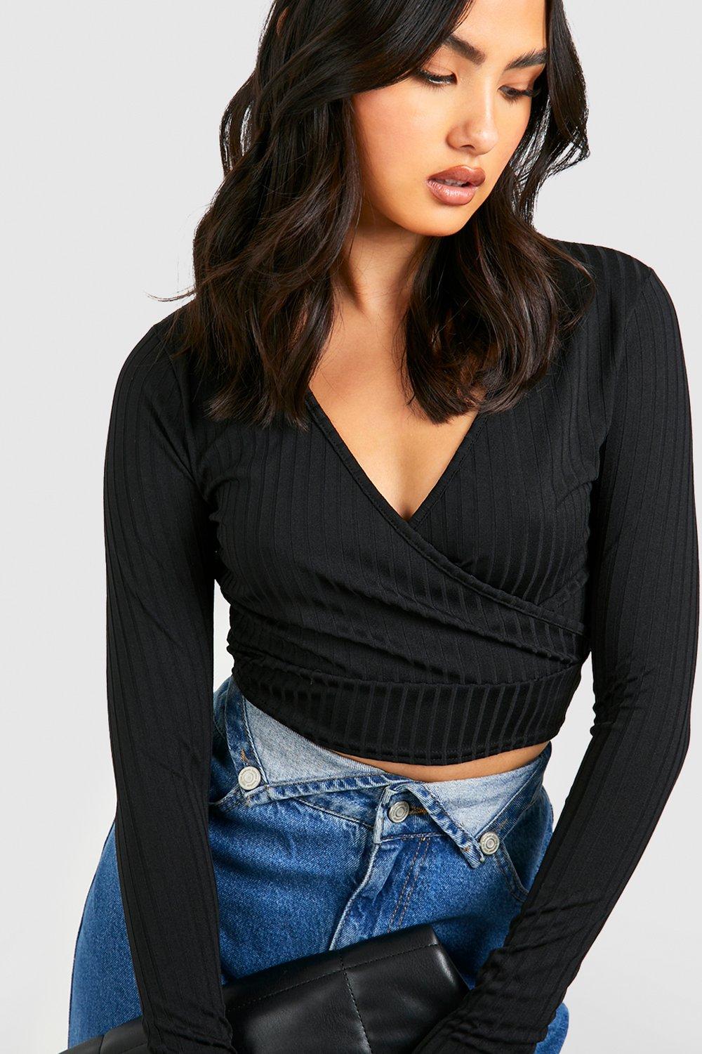 Wrap front long store sleeve top