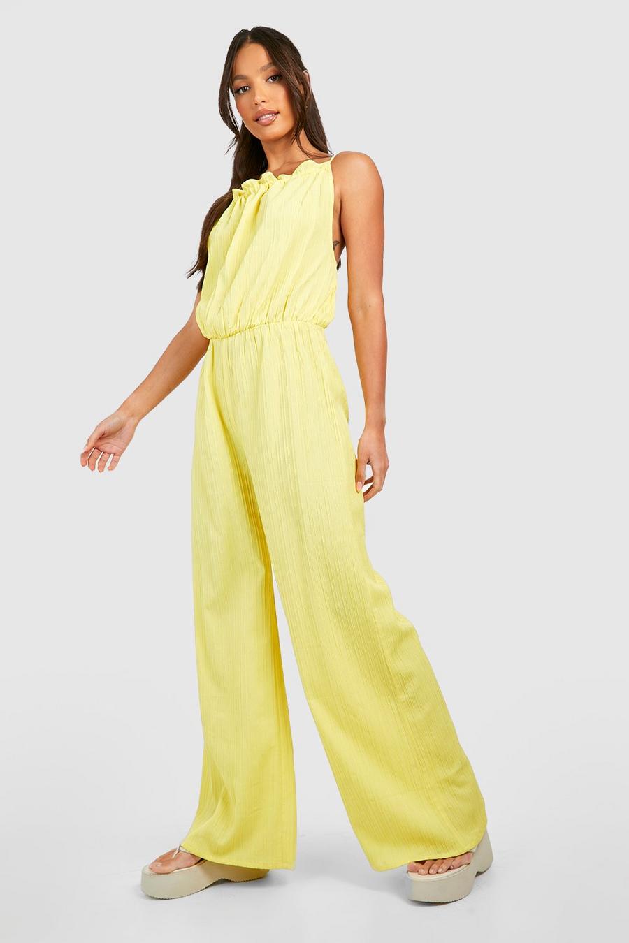 Yellow Tall Textured Wide Leg Jumpsuit  image number 1