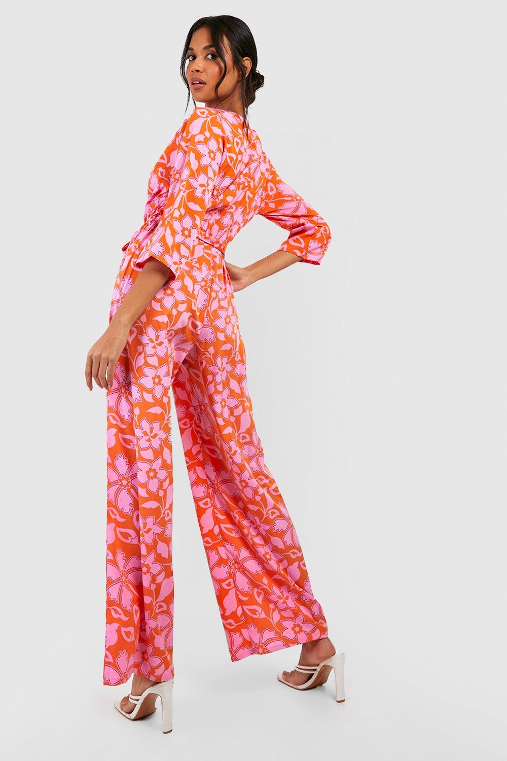 Floral Wrap Tie Belt Jumpsuit