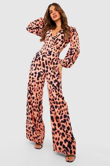 Leopard Wrap Cut Out Jumpsuit brown