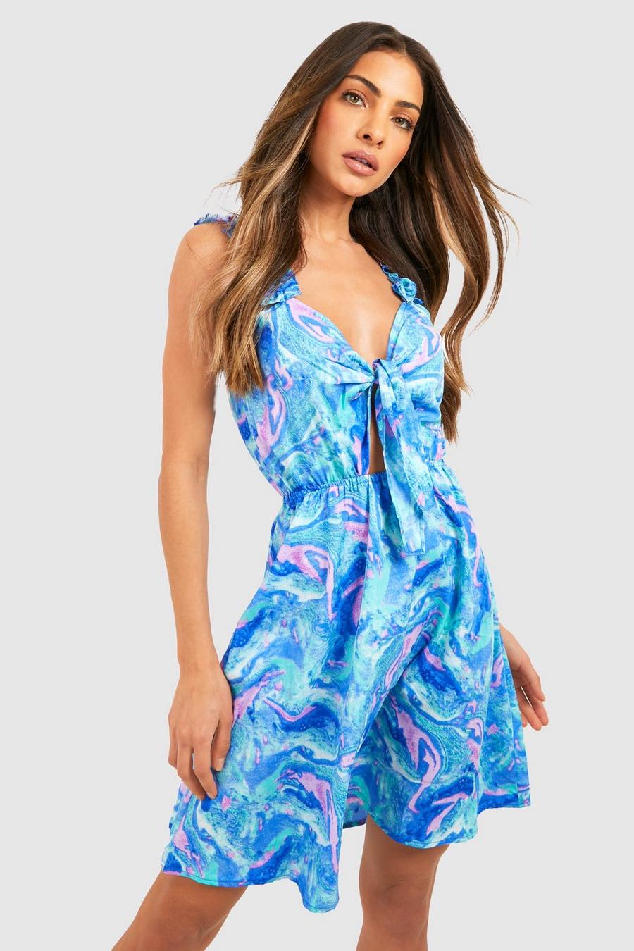Blue Marble Tie Detail Strappy Skater Dress