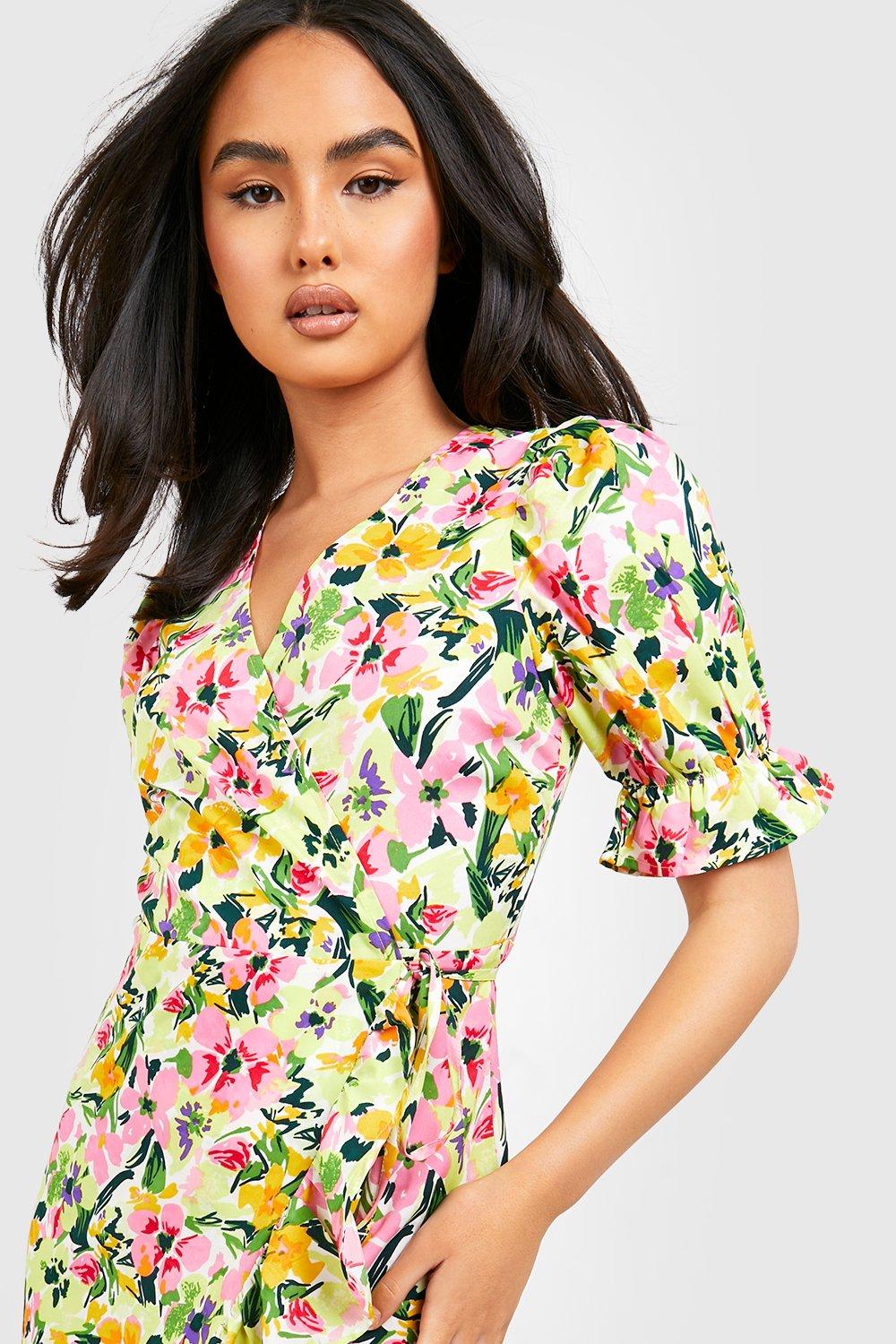 Floral Short Sleeve Wrap Frill Midi Dress boohoo