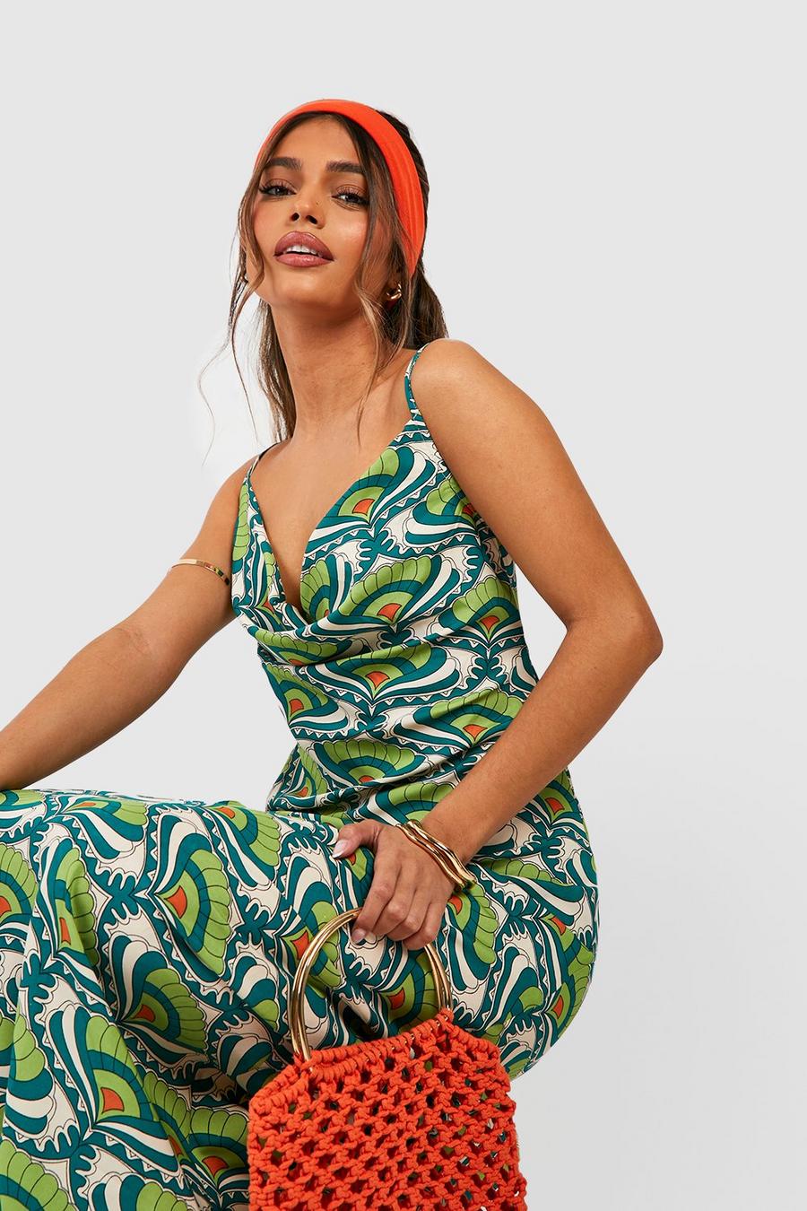 Green Abstract Print Strappy Maxi Dress