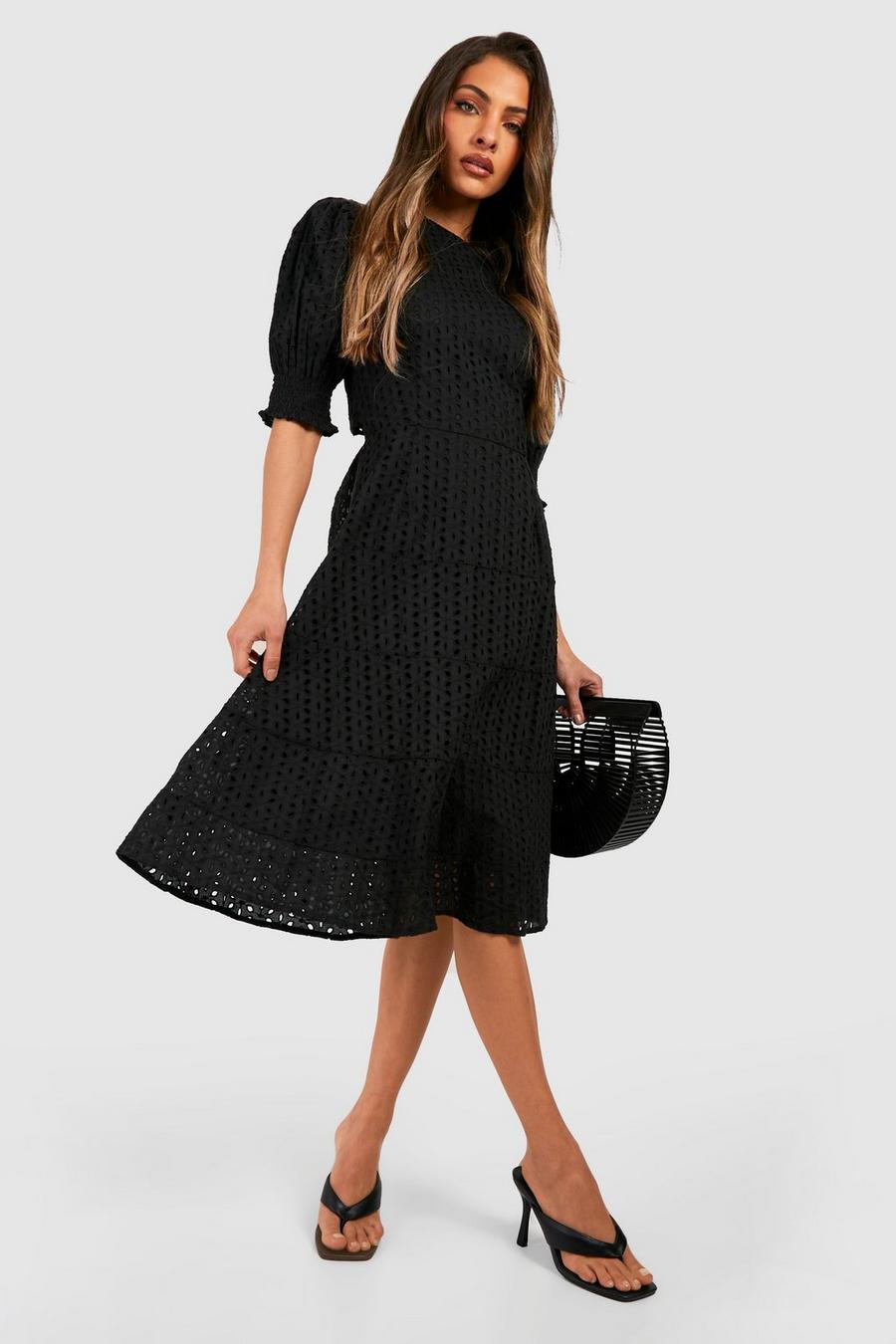 Black Broderie Short Sleeve Midi Dress