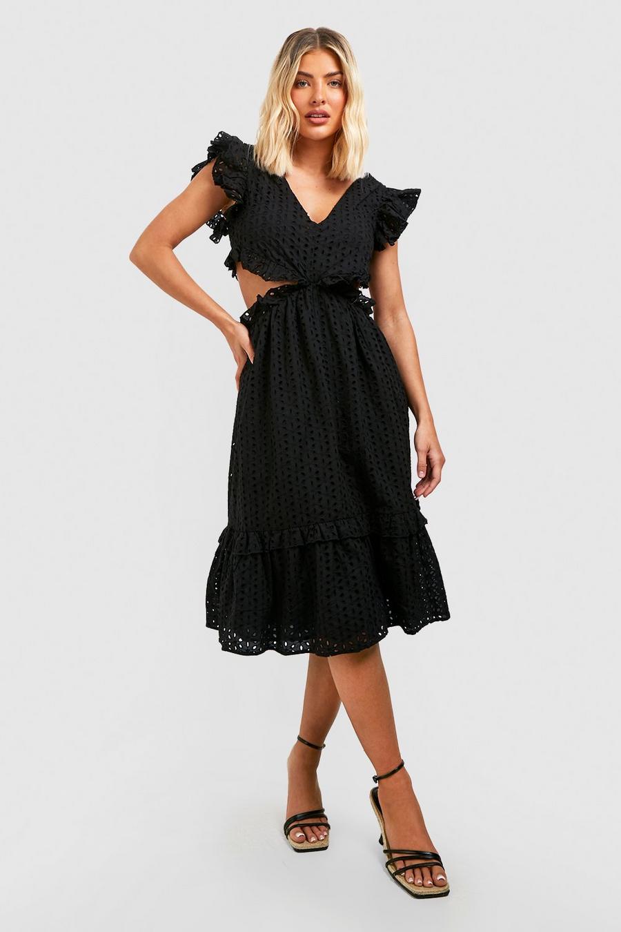 Black Broderie Frill Cut Out Midi Dress image number 1
