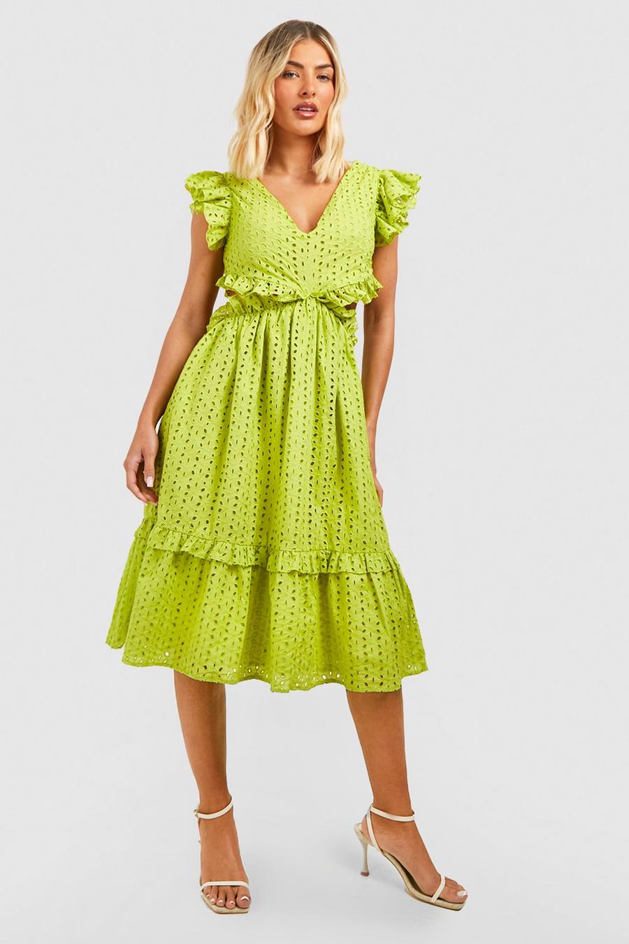 Lime Broderie Frill Cut Out Midi Dress image number 1