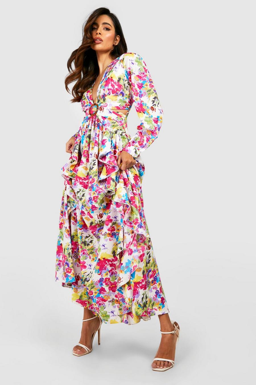 White Floral Cut Out Maxi Dress image number 1