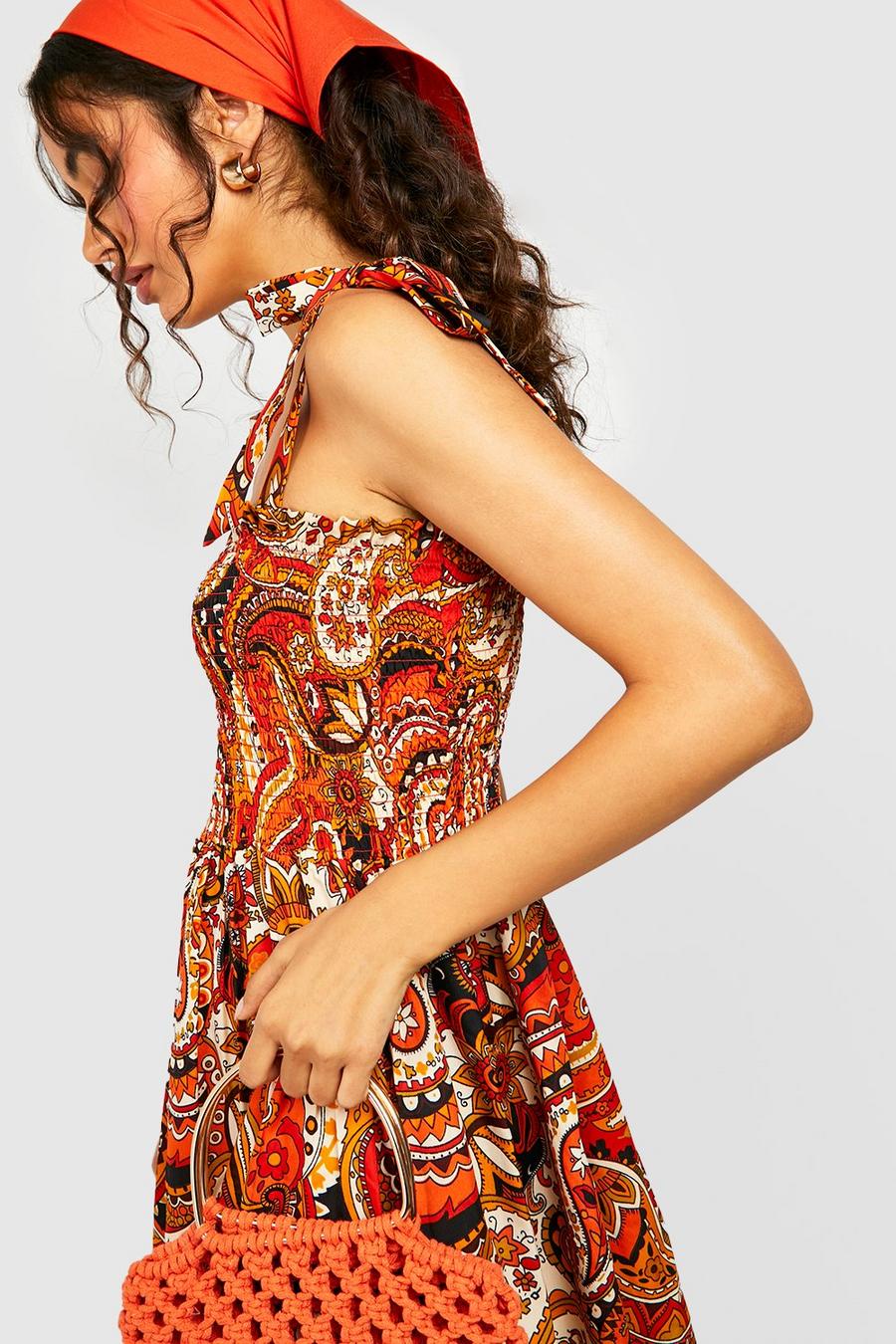 Red Paisley Tie Strap Shirred Mini Skater Dress image number 1
