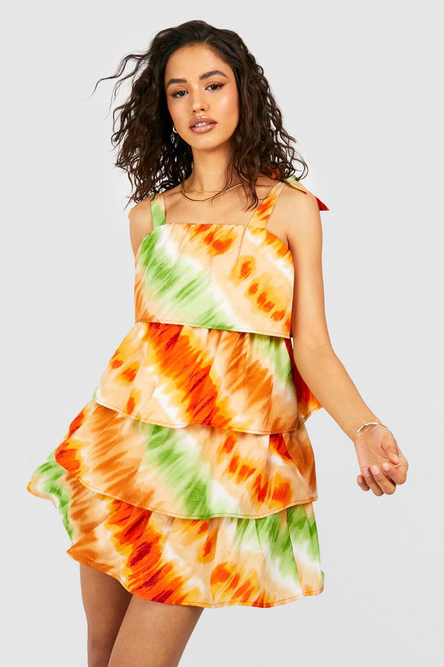 Multi Tie Dye Strappy Tiered Mini Dress image number 1