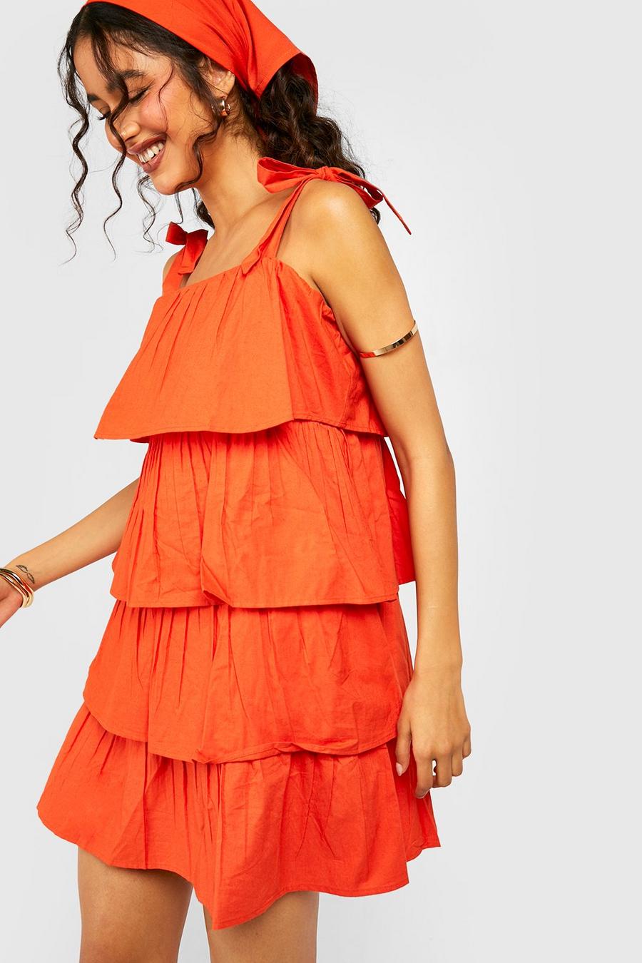 Orange Strappy Tiered Mini Dress