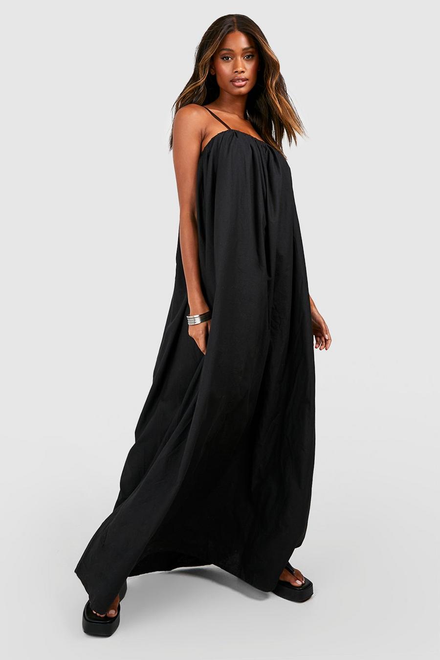 Black Cotton Strappy Midi Dress