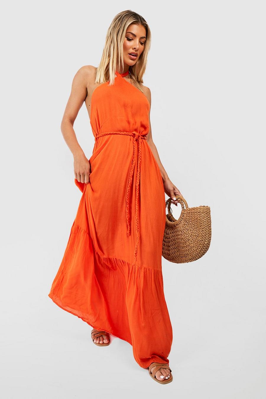 Orange Halter Belted Frill Hem Maxi Dress