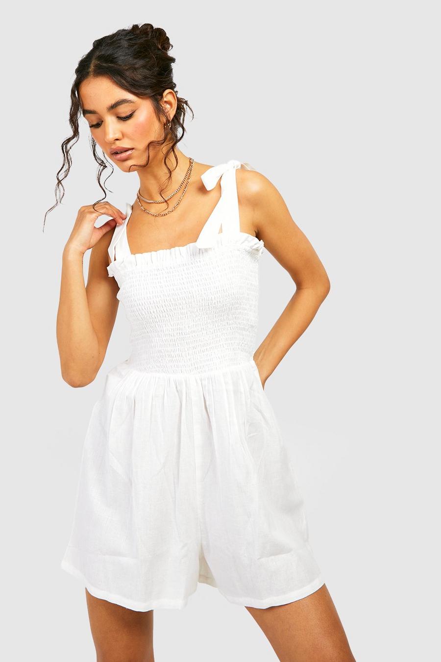 White Linen Shirred Detail Playsuit  image number 1