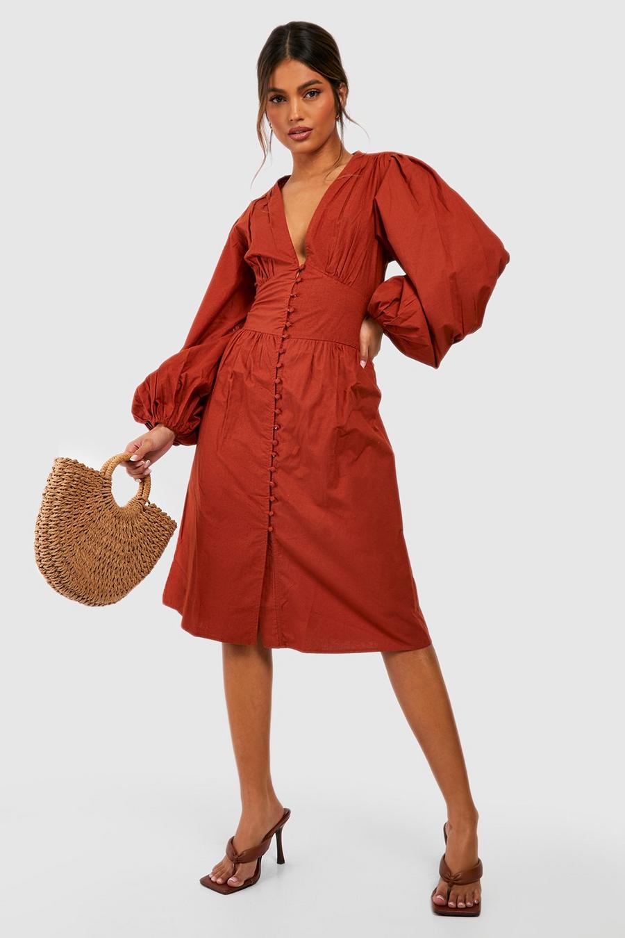 Terracotta Cotton Extreme Blouson Sleeve Midi Dress image number 1