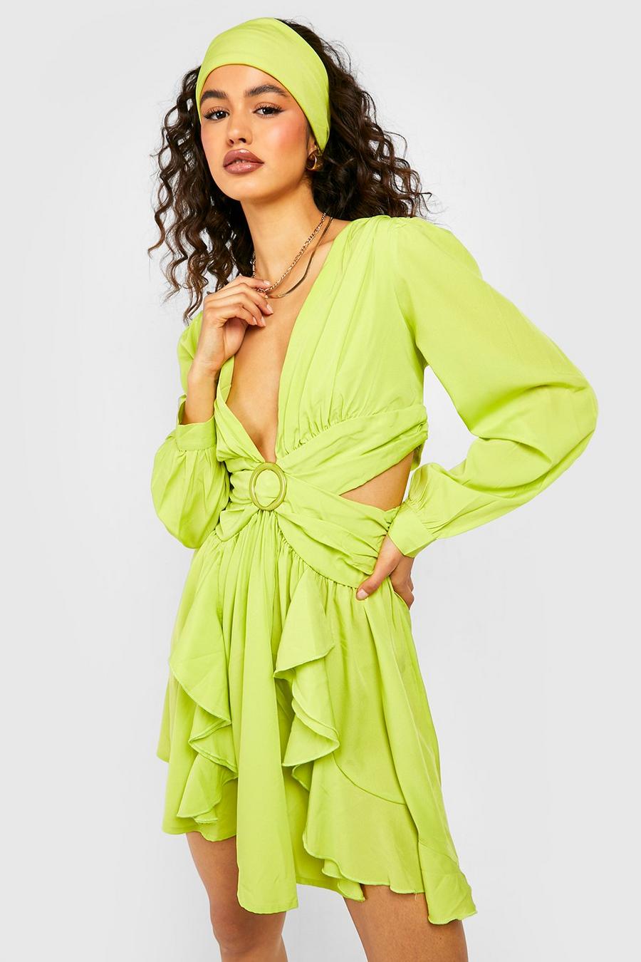 Wrap Cut Out Ruffle Skater Dress, Chartreuse giallo