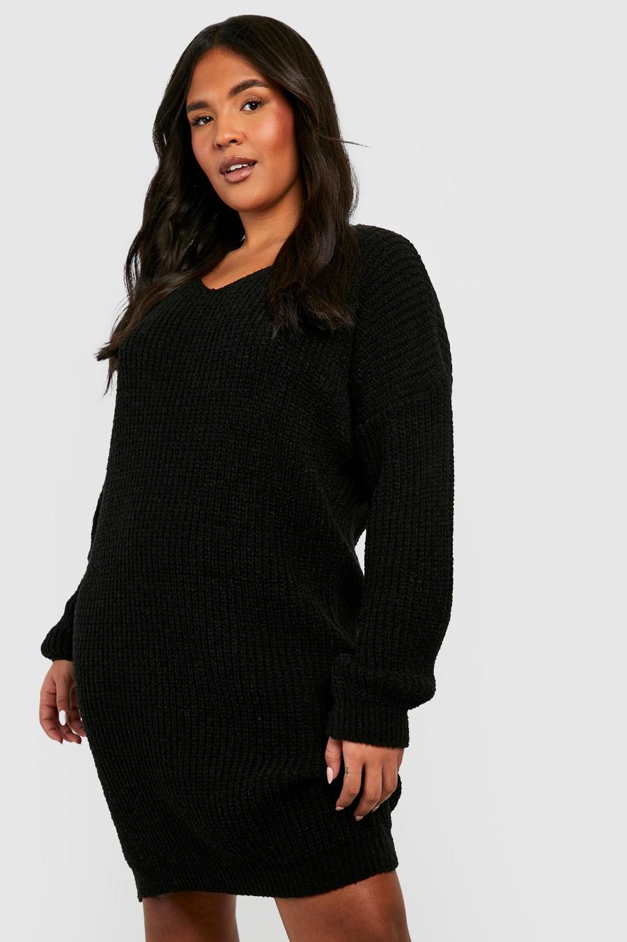 Black Plus Boucle Knitted V Neck Sweater Dress image number 1