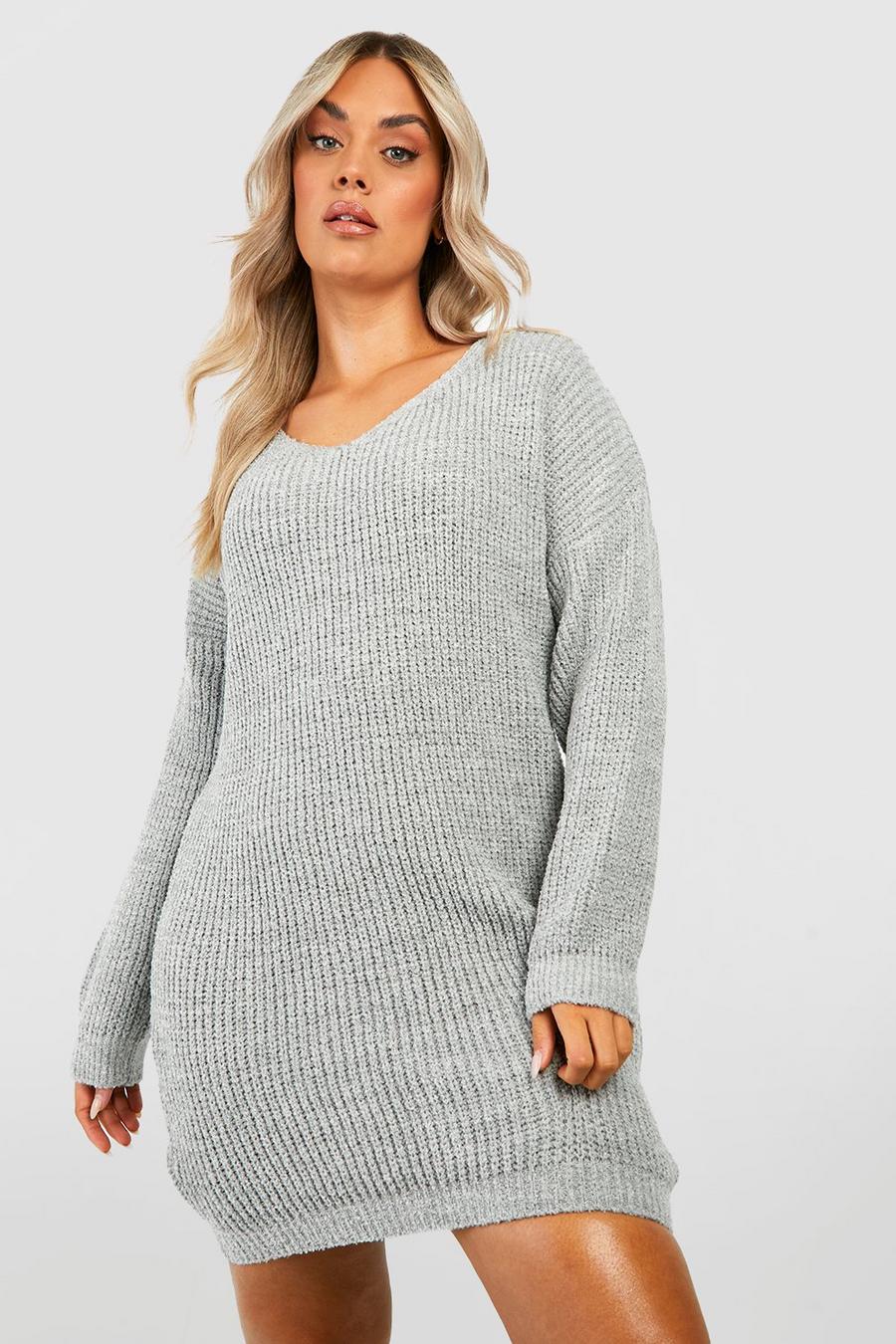 Grey Plus Boucle Knitted V Neck Jumper Dress image number 1