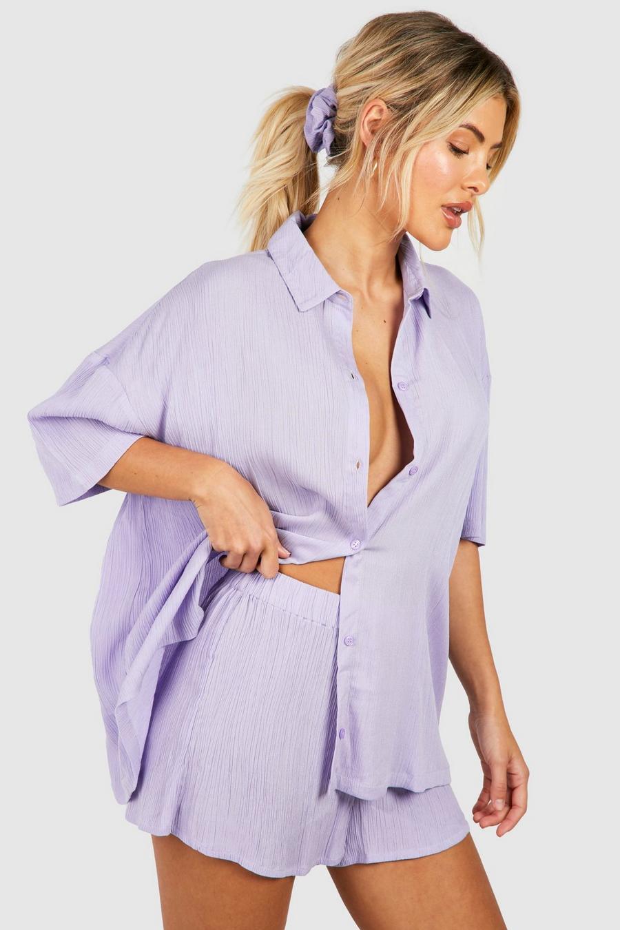 Set aus kurzärmliges Hemd, Shorts & Scrunchie in Kurz, Lilac image number 1